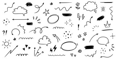 Çizim çizgisi sevimli yıldız unsuru, ok, kalp şekli. El çizimi çizimi çizim tarzı daire, bulutlu konuşma balonu grunge elemanı seti. Ok, yıldız parıltısı, kalp fırçası süslemesi. Vektör illüstrasyonu