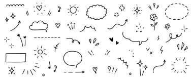 Çizim çizgisi şirin elementler, yıldız, kalp şekli. El çizimi eskiz tarzı kalp, güneş, yıldız elementi seti. Ok, yıldız parıltısı, kalp mesajı süsleme sembolü. Vektör illüstrasyonu