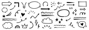 Çizgi oku, altı çizili, yuvarlak çerçeve çizili vektör ögesi ayarlandı. El çizimi karalama metin vurgusu, altı çizili, ok kalem vuruşu tarzı. Doodle grunge kaba elementi. Vektör illüstrasyonu.