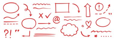 Kalem işaret çizgisi kırmızı ok, altı çizili, vurgu unsuru ayarlandı. El çizimi kırmızı işaret fırça darbesi tarzı ok, metin altı çizili, yuvarlak çerçeve seti. Karalama taslak kalem metin dekorasyonu. Vektör illüstrasyonu