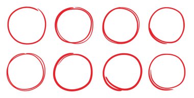 El çizimi kırmızı kalem yuvarlak çerçeve. El çizimi işaret çizimi tarzı karalama kırmızı daire çerçeve. Kontrol için yuvarlak çerçeve, metin vurgusu. Grunge kazı stili set. Vektör illüstrasyonu