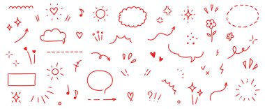 Sevimli kırmızı çizgi simgesi çizim elemanı. El çizimi kırmızı çizgi. Metin dekorasyon yıldızı parıltısı, ok, kalp elementi ayarlandı. Basit çizilmiş güneş parıltısı, çiçek, vurgu sembolü arka plan. Vektör illüstrasyonu