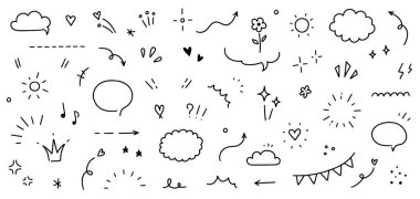 Çizim çizgisi şirin elementler, yıldız, kalp şekli. El çizimi eskiz tarzı kalp, güneş, yıldız elementi seti. Ok, yıldız parıltısı, kalp mesajı süsleme sembolü. Vektör illüstrasyonu