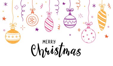 Doodle noel topu özgeçmişi. El çizimi çizimi Xmas topu. Sınır için güzel mutlu noeller, metin mekanlı arka plan tasarımı. İzole vektör illüstrasyonu.