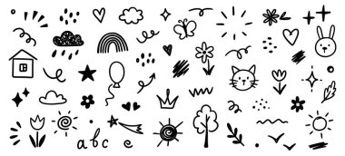 El çizimi çocuk ikonu çizimi komik element çiçeği, bulut, balon. Çizgi çizimi çocuksu öğe seti. Çiçek, kalp, bulut çocukları arka plan tasarım elementleri çizer. Vektör illüstrasyonu