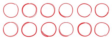 El çizimi kırmızı kalem yuvarlak çerçeve. El çizimi işaret çizimi tarzı karalama kırmızı daire çerçeve. Kontrol için yuvarlak çerçeve, metin vurgusu. Grunge kazı stili set. Vektör illüstrasyonu