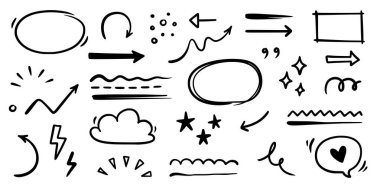 Çizgi oku, altı çizili, yuvarlak çerçeve çizili vektör ögesi ayarlandı. El çizimi karalama metin vurgusu, altı çizili, ok kalem vuruşu tarzı. Doodle grunge kaba elementi. Vektör illüstrasyonu.