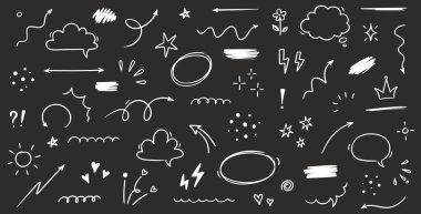 Çizim çizgisi sevimli yıldız unsuru, ok, kalp şekli. El çizimi çizimi çizim tarzı daire, bulutlu konuşma balonu grunge elemanı seti. Ok, yıldız parıltısı, kalp fırçası süslemesi. Vektör illüstrasyonu