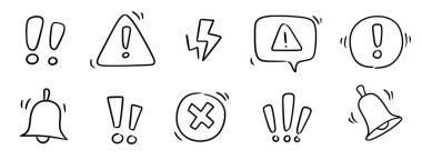 Doodle ünlem işareti, tehlike işareti kuruldu. El karalaması çizilmiş ünlem üçgeni işareti, uyarıyı durdur, tehlike işareti. Elle çizilmiş tehlike bilgisi işareti. Vektör illüstrasyonu