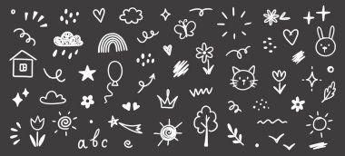 El çizimi çocuk ikonu çizimi komik element çiçeği, bulut, balon. Çizgi çizimi çocuksu öğe seti. Çiçek, kalp, bulut çocukları yazı tahtasına stil tasarımı çizer. Vektör illüstrasyonu