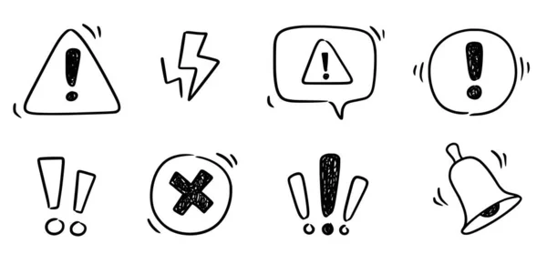 Doodle ünlem işareti, tehlike işareti kuruldu. El karalaması çizilmiş ünlem üçgeni işareti, uyarıyı durdur, tehlike işareti. Elle çizilmiş tehlike bilgisi işareti. Vektör illüstrasyonu