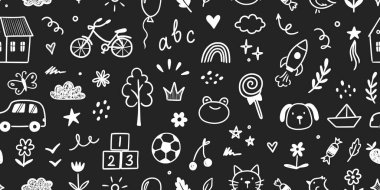 Anaokulu çizim tahtası arka planı. El çizimi karalama stili çocuklar şirin, pürüzsüz desen, anaokulu duvar kağıdı. Çocuk eğitimi, basit bir geçmiş. Vektör illüstrasyonu