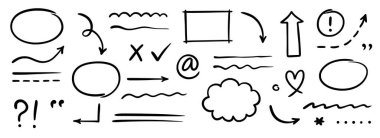 El çizimi ok, çizim altı çizili, yuvarlak çerçeve ayarlı. Kalem darbesi çerçevesi, kalp, karalama grafik elementi karala. Vektör illüstrasyonu