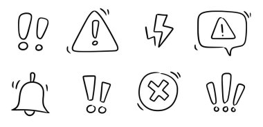 Doodle ünlem işareti, tehlike işareti kuruldu. El karalaması çizilmiş ünlem üçgeni işareti, uyarıyı durdur, tehlike işareti. Elle çizilmiş tehlike bilgisi işareti. Vektör illüstrasyonu