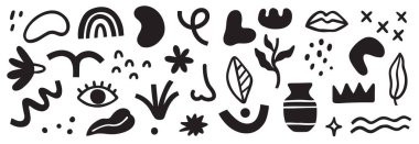 Soyut küme şekilli karalama kümesi elementi. Geometrik soyut çiçek, kabarcık yüz, organik karalama modern şekil. Yaratıcı grafik tasarım eğlenceli, sevimli renk poster elementleri. Vektör illüstrasyonu