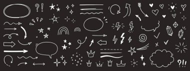 Çizim çizgisi ok unsuru, yıldız, karatahta arka planında kalp şekli. El çizimi çizimi çizim tarzı daire, bulutlu konuşma balonu grunge elementi. Ok, yıldız, kalp süslemesi. Vektör illüstrasyonu
