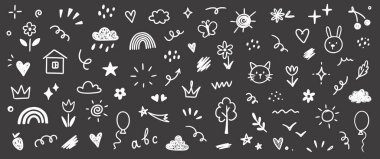 El çizimi çocuk ikonu çizimi komik element çiçeği, bulut, balon. Çizgi çizimi çocuksu öğe seti. Çiçek, kalp, bulut çocukları yazı tahtasına stil tasarımı çizer. Vektör illüstrasyonu