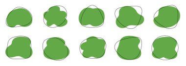 Organik kütle şekli, soyut yeşil renk amip, düzensiz akışkan element seti. Basit düz soyut leke, amip damlası figürü, sıvı şekil grafik tasarım elementi. Vektör illüstrasyonu.