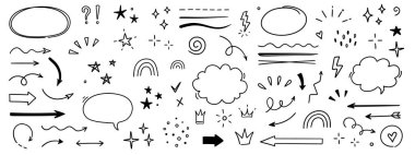 Çizim çizgisi ok elementi, yıldız, kalp şekli. El çizimi çizimi çizim tarzı daire, bulutlu konuşma balonu grunge elemanı seti. Ok, yıldız, kalp fırçası süslemesi. Vektör illüstrasyonu.