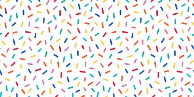 Donut, tatlı konfeti geçmişi. Tatlı pasta, çörek konfeti dokusu, kusursuz desen. Kusursuz arka plan duvar kağıdının üzeri renkli şekerlerle kaplı. Vektör illüstrasyonu