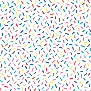 Donut, tatlı konfeti geçmişi. Tatlı pasta, çörek konfeti dokusu, kusursuz desen. Kusursuz arka plan duvar kağıdının üzeri renkli şekerlerle kaplı. Vektör illüstrasyonu