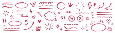 El çizimi kırmızı ışık, metin altı çizgisi, vurgu işareti, çizgi şekli seti. Elle çizilmiş ok, aşk kalbi, konuşma balonu, taç elementi. İşaretleyici, fırça darbesi. Vektör illüstrasyonu
