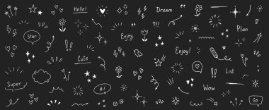 Şirin bir kalp, yazı tahtasındaki parlak kalem çizgileri. Kalp, ok, yıldız, ışıltı dekorasyon sembolü simgesi. Basit taslak çizimi vurgusu, sim yıldızı. Vektör illüstrasyonu