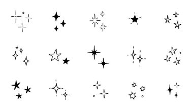 El çizimi yıldız parıltısı karalama seti. Yıldız parıltısı, kıvılcım parıltısı, sihirli parti ışığı çizimi. El çizimi karalama tarzı ışıltılı elementler