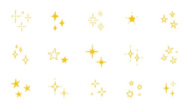 Elle çizilmiş altın yıldız karalama setinin parıltısı. Sarı yıldız parlıyor, parıldıyor, parıldıyor, sihirli parti ışığı yansıması. El çizimi karalama tarzı ışıltılı elementler