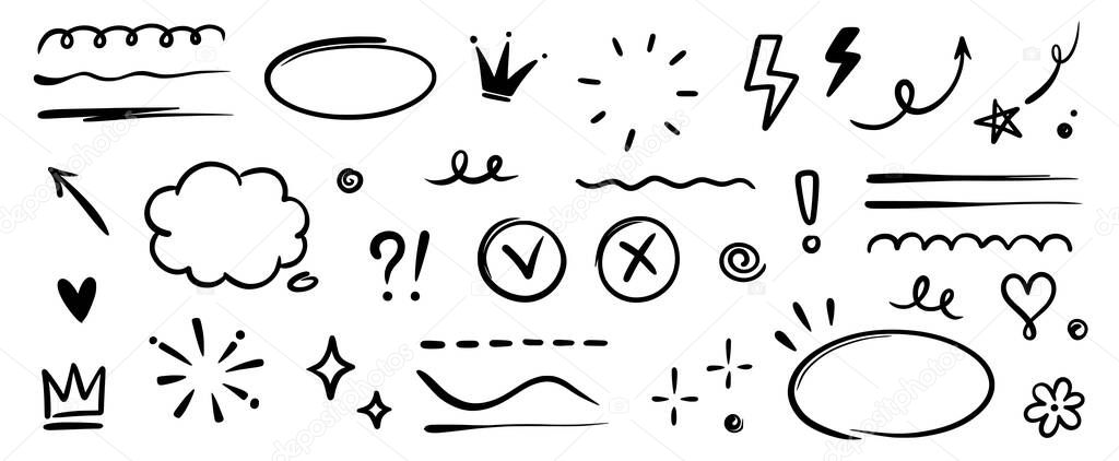 Hand drawn highlight, text underline, emphasis mark, line shape set. Hand drawn scribble arrow, love heart, speech bubble, crown element. Marker, pen brush stroke graphic element. Vector illustration