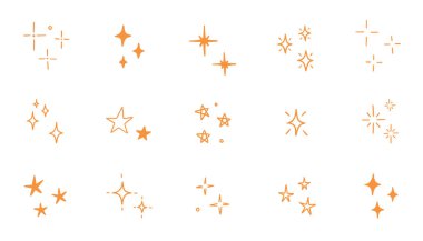 Elle çizilmiş altın yıldız karalama setinin parıltısı. Sarı yıldız parlıyor, parıldıyor, parıldıyor, sihirli parti ışığı yansıması. El çizimi karalama tarzı ışıltılı elementler