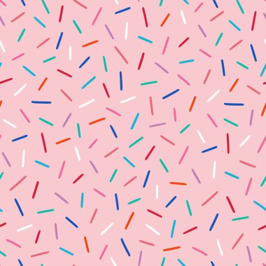 Donut, tatlı konfeti geçmişi. Tatlı pasta, çörek konfeti dokusu, kusursuz desen. Kusursuz arka plan duvar kağıdının üzeri renkli şekerlerle kaplı. Vektör illüstrasyonu