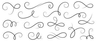 Çizgi, kıvrımlı vektör kaligrafi süsleme elementleri oluşturur. Süslü satır, metin tipografisi aksanı, filigran modern eğri süslemesi. Kıvrımlı zarif basit tasarım elementleri. Vektör illüstrasyonu