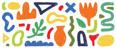 Organik soyut renk seti. Soyut doku fırça darbesi çocuk unsurları. Organik kütle grunge boya dokusu arka planı. Dalga, yuvarlak leke, üçgen, çağdaş renk şekli. Vektör illüstrasyonu