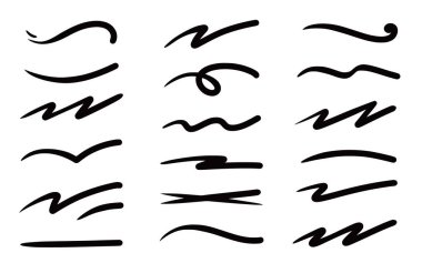 Karalamalı fırça altı çizili. İşaretleyici kalem vurgusu vurgu vurgusu. Vector swoosh fırça altı çizgisi aksan için ayarlandı, işaret vurgusu eğrilik öğesi vurgulandı. Vektör illüstrasyonu