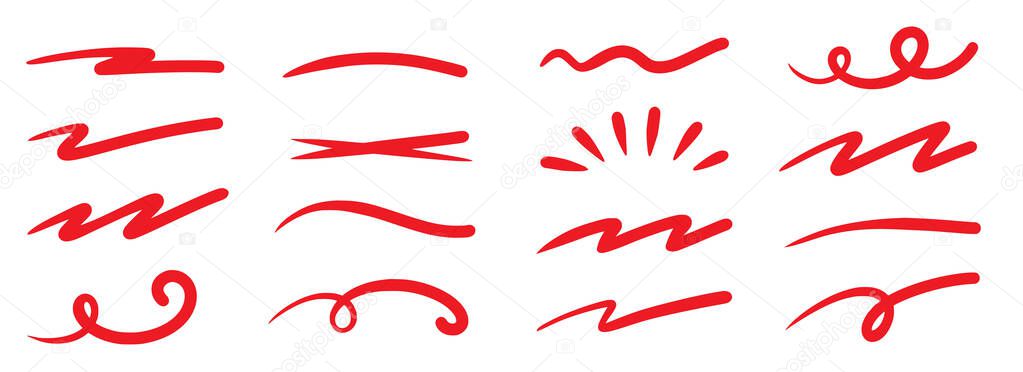 Red squiggle brush scribble underline. Marker pen emphasis highlight red swoosh stroke. Vector swoosh brush underline set for accent, marker emphasis squiggle element. Vector illustration