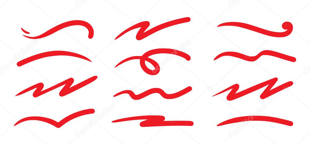 Red squiggle brush scribble underline. Marker pen emphasis highlight red swoosh stroke. Vector swoosh brush underline set for accent, marker emphasis squiggle element. Vector illustration