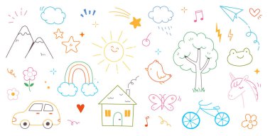 Çocuk karalama seti. Şirin güneş, ev, ağaç çocuk çizim tarzı vektör. El yapımı güneş, araba, gökkuşağı elementleri. Komik çocuklar çiçek, kuş ve kelebek çizgisi çizerler. Vektör illüstrasyonu.