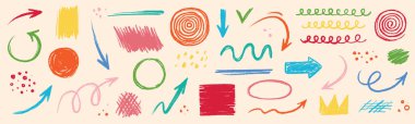Ok soyut fırça çizgisi çizgisi renk vektörü ayarlandı. Çocuk boyası karesi, spiral, ok elementi şekilli karalama çizimi el çizimi tasarımı. Grunge soyut tebeşir, kalem stili. Vektör