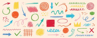 Ok soyut fırça çizgisi çizgisi renk vektörü ayarlandı. Çocuk boyası karesi, spiral, ok elementi şekilli karalama çizimi el çizimi tasarımı. Grunge soyut tebeşir, kalem stili. Vektör