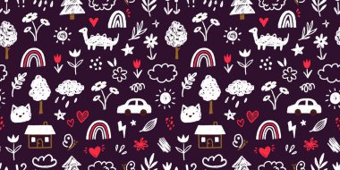 Sevimli çocuk elementi vektörü kusursuz desen. El çizimi karalama, çocukların şirin vektör okulu tebeşiri. Çocuklar pastel boya çizgileri çizer çiçekler, bulut şekilleri. Vektör illüstrasyonu