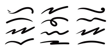 Karalamalı fırça altı çizili. İşaretleyici kalem vurgusu vurgu vurgusu. Vector swoosh fırça altı çizgisi aksan için ayarlandı, işaret vurgusu eğrilik öğesi vurgulandı. Vektör illüstrasyonu