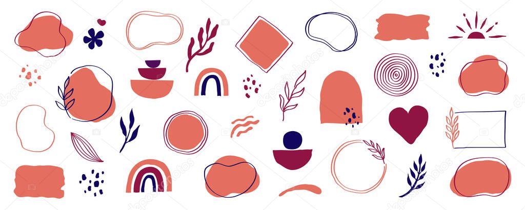 Organic abstract shape vector set. Abstract pastel brush element for logo, background. Organic hand drawn doodle line shape, elegant pastel color label graphic design. Vector illustration.
