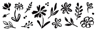 Çiçek soyut el fırçası mürekkep darbesi. El çizimi siluet çiçekli bitki, doğa grafik yaprağı, çiçek grunge soyut fırça. Vektör çiçeği, yaprak mürekkebi. Vektör illüstrasyonu