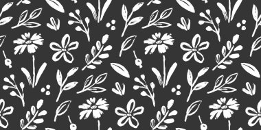 Çiçekli fırça izi yok. Çiçek soyut el fırçası boya arka planı. El çizimi, yapraklı çiçekli boyanın kusursuz deseni. Tebeşir desenli çiçek arkaplanı. Vektör illüstrasyonu