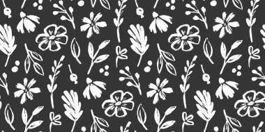 Çiçekli fırça izi yok. Çiçek soyut el fırçası boya arka planı. El çizimi, yapraklı çiçekli boyanın kusursuz deseni. Tebeşir desenli çiçek arkaplanı. Vektör illüstrasyonu