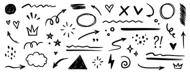 Çizgi şekilli işaret altı çizgisi, ok, kalp fırçası elementi ayarlandı. Elle çizilmiş işaret, altı çizili şekil, ok, kalp fırça darbesi elementi. Crown, aşk ikonu. Vektör illüstrasyonu