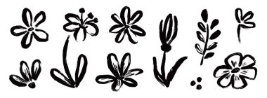 Çiçek soyut el fırçası mürekkep darbesi. El çizimi siluet çiçekli bitki, doğa grafik yaprağı, çiçek grunge soyut fırça. Vektör çiçeği, yaprak mürekkebi. Vektör illüstrasyonu