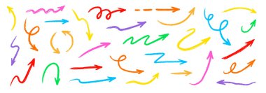 Ok pastel kalem tebeşirle renk çizgisi vuruşu. Çizim tebeşiri renkli kalem desenli çocuk ok ikonu. El çizimi grunge fırça çizimi çizim yönü belirlendi. Vektör illüstrasyonu