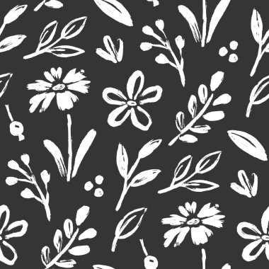 Çiçekli fırça izi yok. Çiçek soyut el fırçası boya arka planı. El çizimi, yapraklı çiçekli boyanın kusursuz deseni. Tebeşir desenli çiçek arkaplanı. Vektör illüstrasyonu